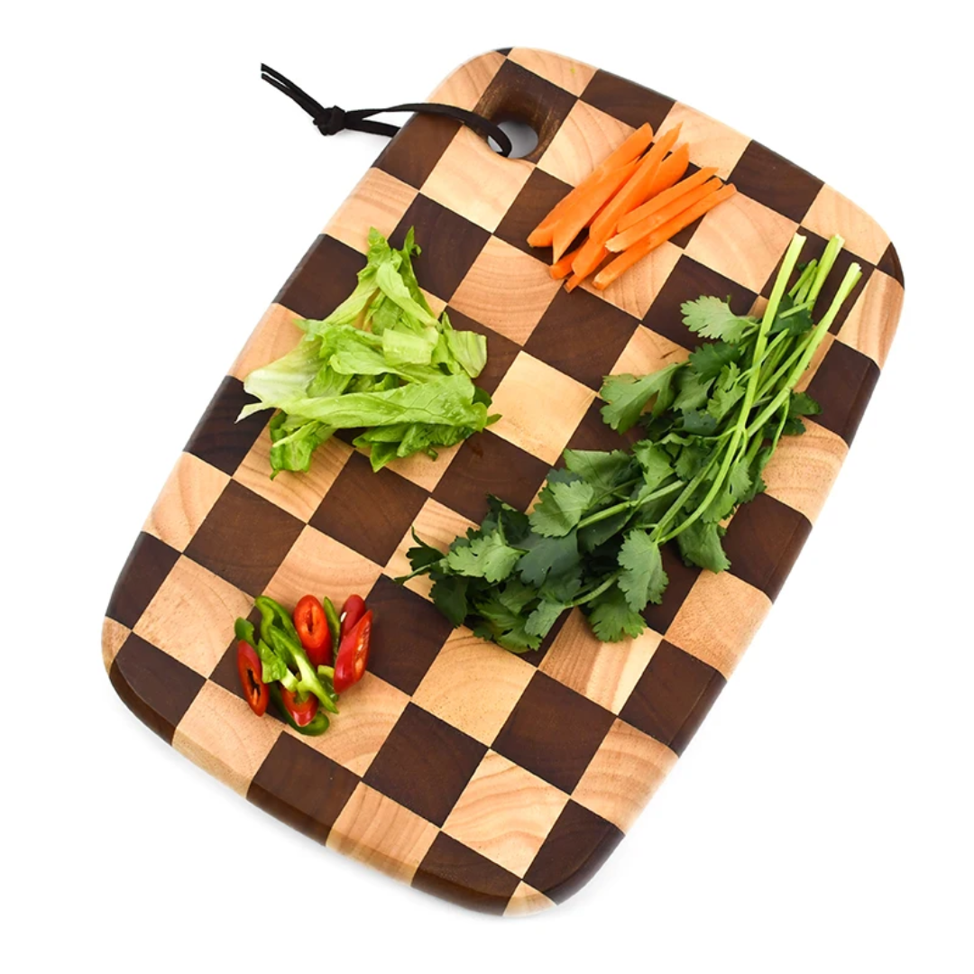 Wooden Cutting Board Professional Natural Rubberwood Chessboard End-Grain Cutting Board 38cm x 28cm