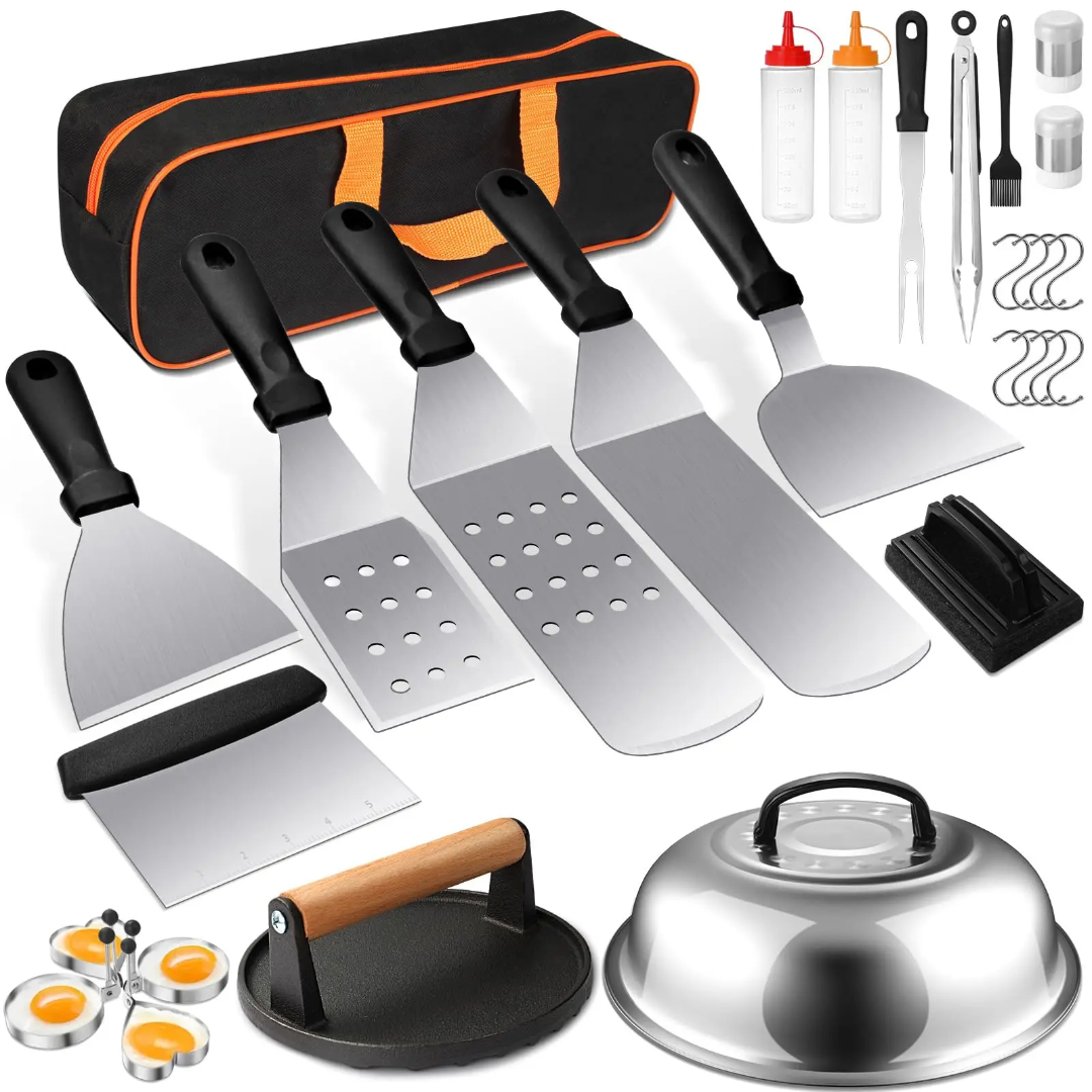 Professional 29-Piece Heavy Duty Stainless Steel Griddle Accessories Kit with Carry Bag