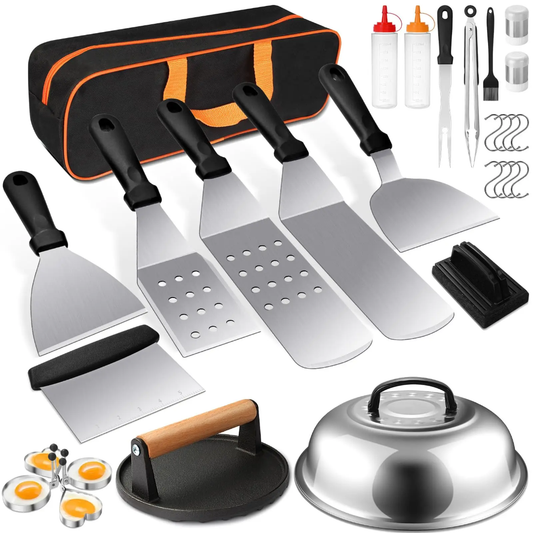 Professional 29-Piece Heavy Duty Stainless Steel Griddle Accessories Kit with Carry Bag