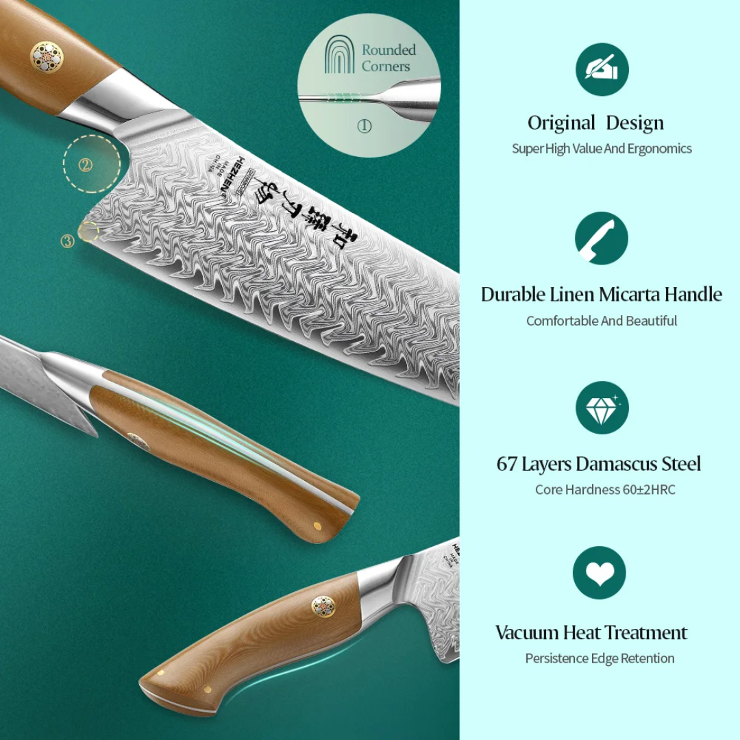 HEZHEN 5-Piece 67 layers Damascus steel 10Cr15CoMoV steel Chef Knife Set with Linen Micarta Handles