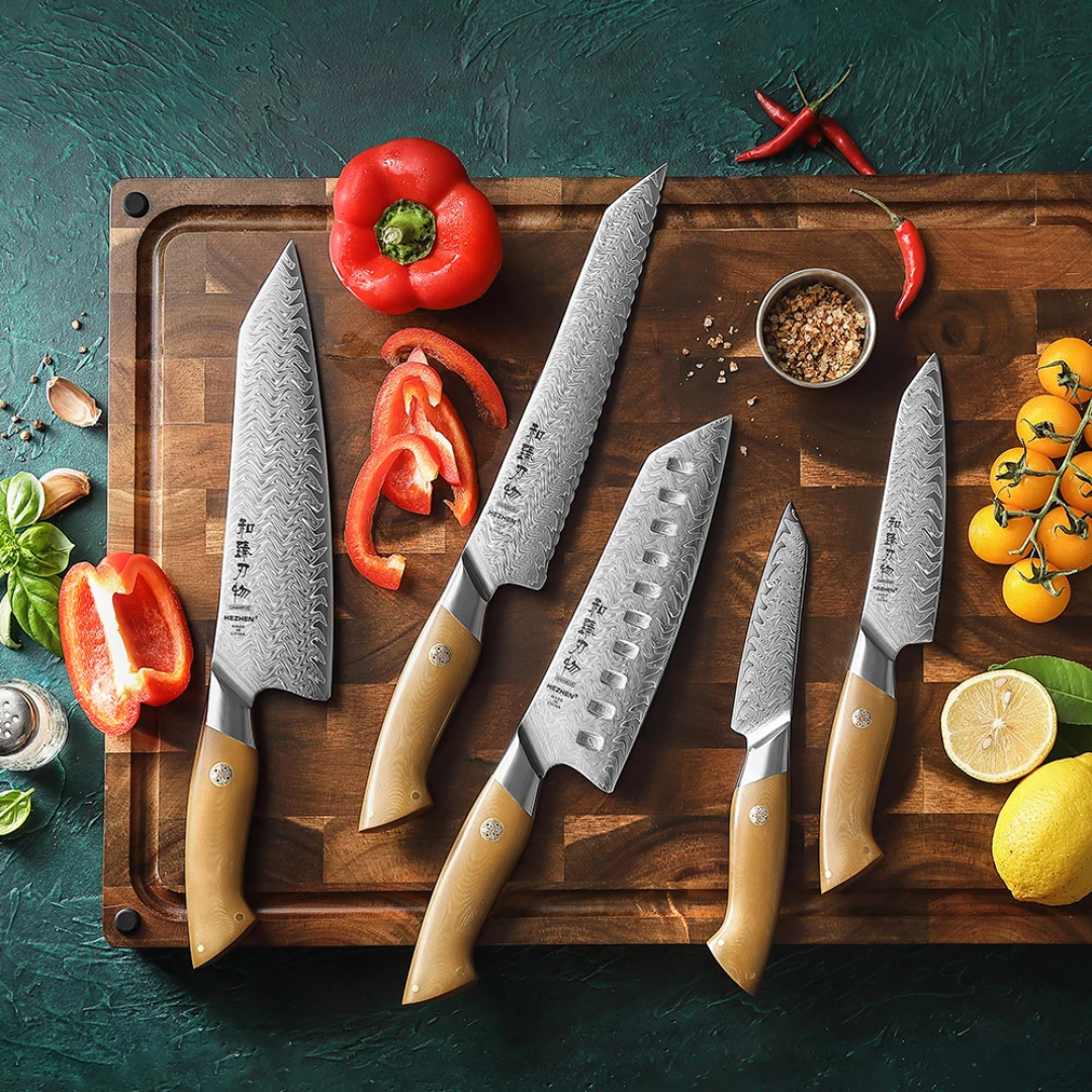 HEZHEN 5-Piece 67 layers Damascus steel 10Cr15CoMoV steel Chef Knife Set with Linen Micarta Handles