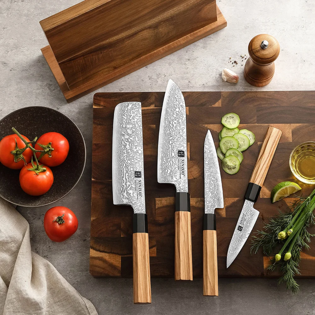 XINZUO Damascus Steel Chef Knife Set - Octagonal Olive Wood Handle & Magnetic Block