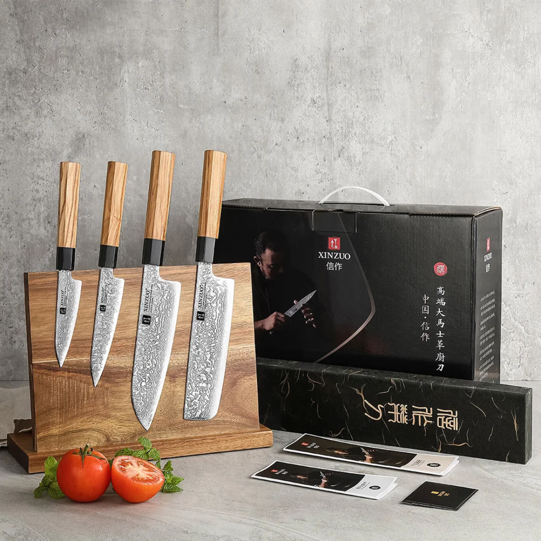 XINZUO Damascus Steel Chef Knife Set - Octagonal Olive Wood Handle & Magnetic Block
