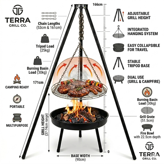 Tripod Grill with Hanging Grate & Fire Bowl – Outdoor BBQ Station