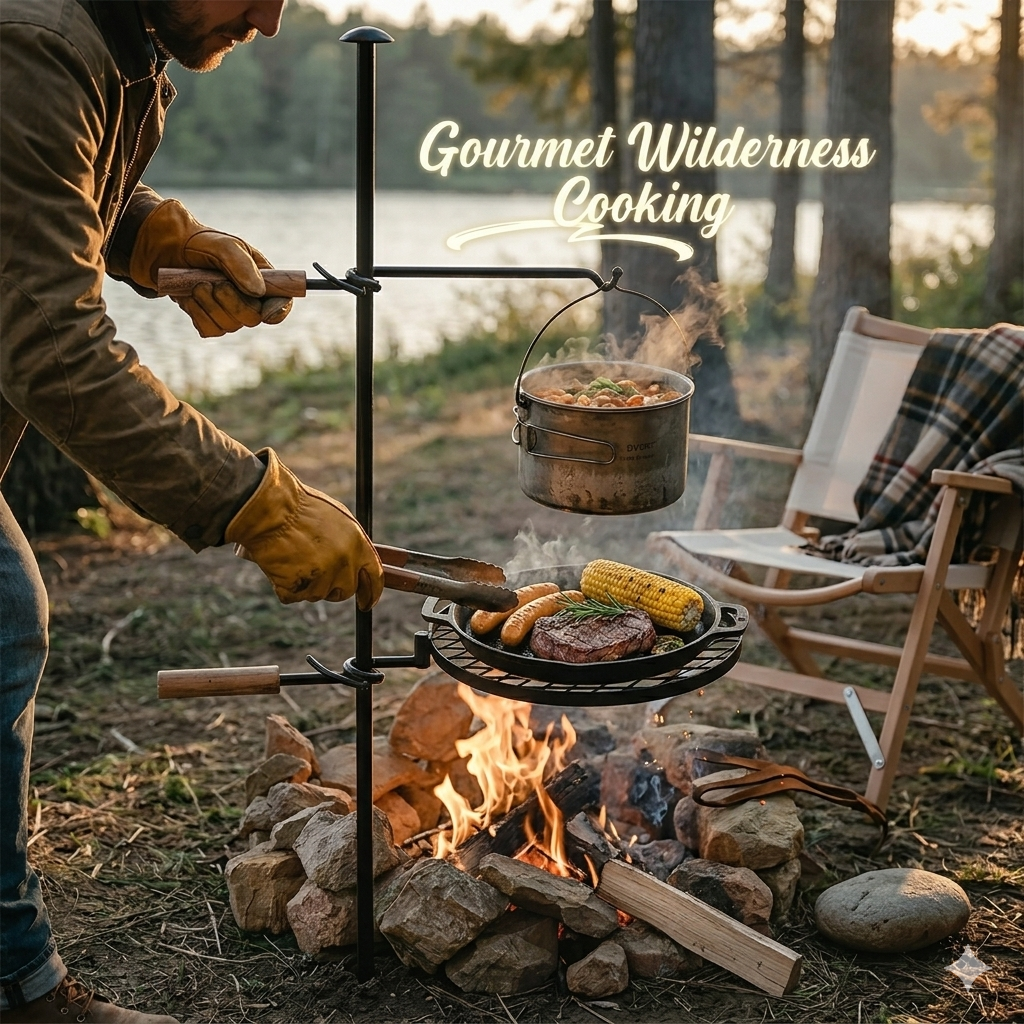 Heavy-Duty Adjustable Campfire Grill System – Swivel Cookware Stand with Pot Hook and Skillet Grate [the pot not included]