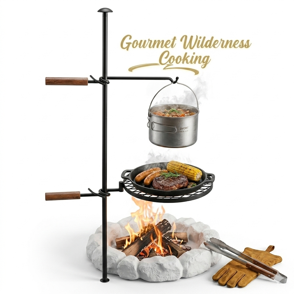Heavy-Duty Adjustable Campfire Grill System – Swivel Cookware Stand with Pot Hook and Skillet Grate [the pot not included]