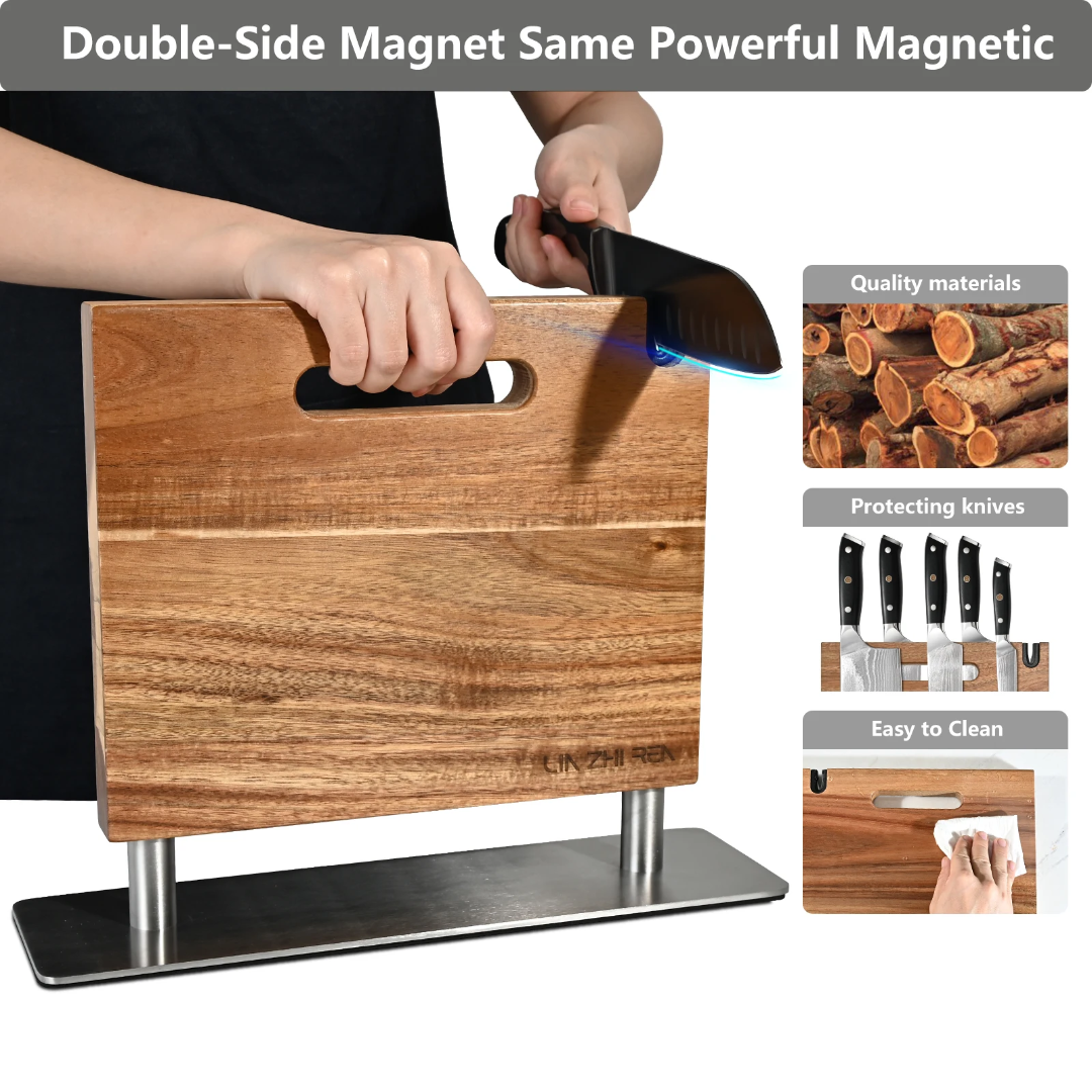 Acacia Wood Magnetic Knife Holder - Double-Sided Magnetic Knife Block & Organizer