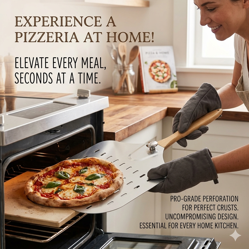 Perforated Aluminum Pizza Peel with Foldable Wooden Handle – 12-Inch Professional Pizza Paddle for Home Baking & Ovens