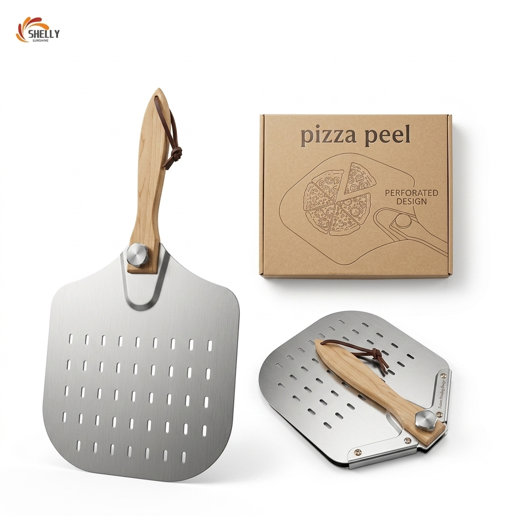 Perforated Aluminum Pizza Peel with Foldable Wooden Handle – 12-Inch Professional Pizza Paddle for Home Baking & Ovens