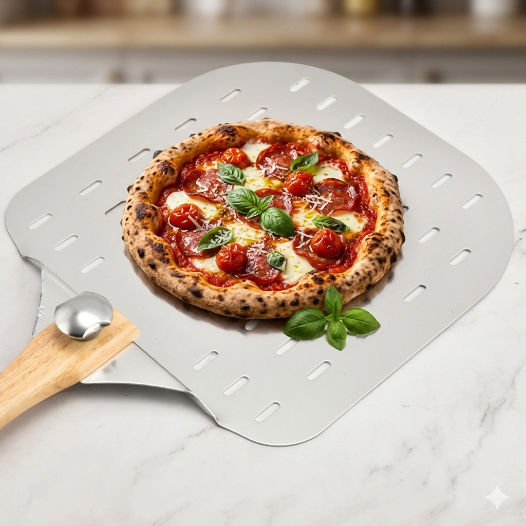 Perforated Aluminum Pizza Peel with Foldable Wooden Handle – 12-Inch Professional Pizza Paddle for Home Baking & Ovens