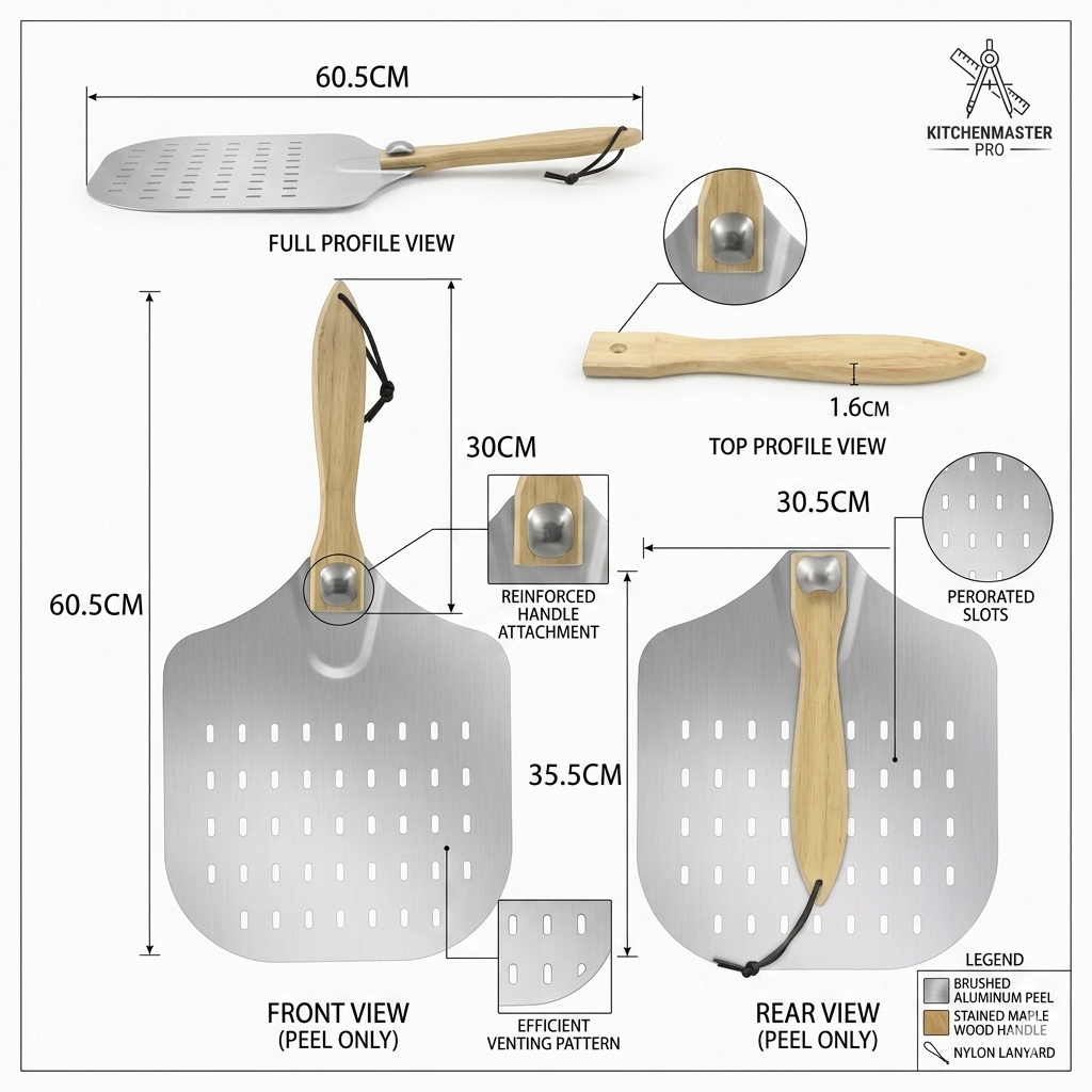 Perforated Aluminum Pizza Peel with Foldable Wooden Handle – 12-Inch Professional Pizza Paddle for Home Baking & Ovens