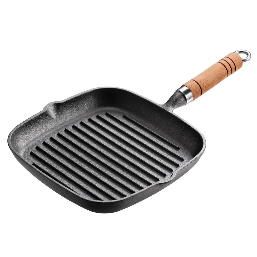 Premium Cast Iron Grill Pan with Wooden Handle (24.7cm)