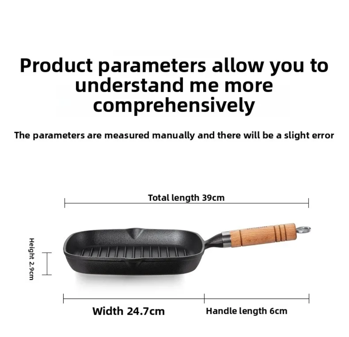 Premium Cast Iron Grill Pan with Wooden Handle (24.7cm)