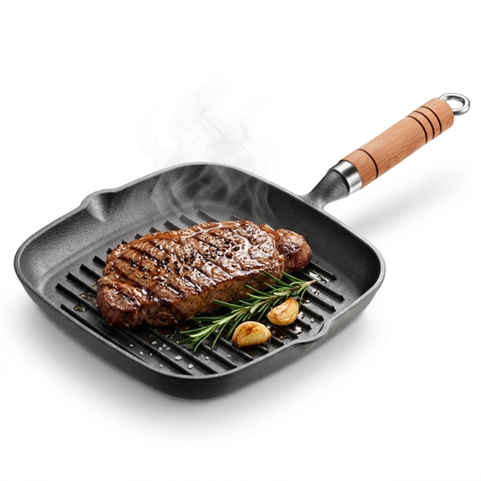 Premium Cast Iron Grill Pan with Wooden Handle (24.7cm)