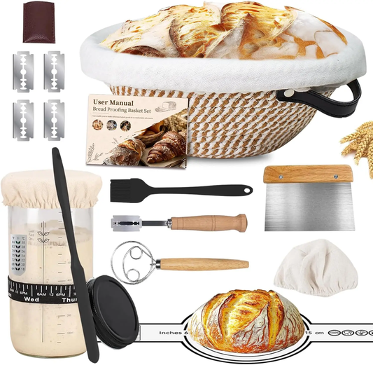 Premium 19-Piece Bread Making Tools and Supplies Kit – Sourdough Starter Glass Jar, Woven Proofing Basket with Liner, and Baking Accessories