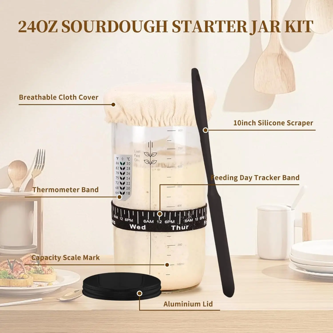 Premium 19-Piece Bread Making Tools and Supplies Kit – Sourdough Starter Glass Jar, Woven Proofing Basket with Liner, and Baking Accessories