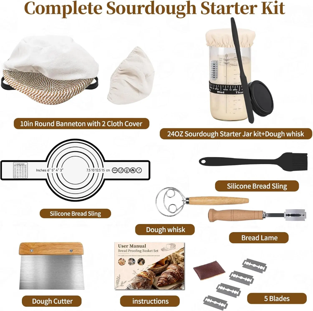 Premium 19-Piece Bread Making Tools and Supplies Kit – Sourdough Starter Glass Jar, Woven Proofing Basket with Liner, and Baking Accessories