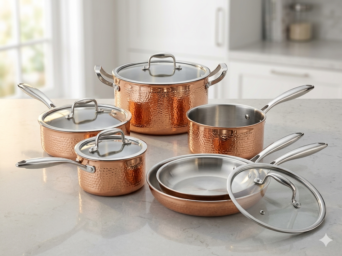Premium 10-Piece Tri-Ply Stainless Steel Cookware Set – Hammered Copper Exterior