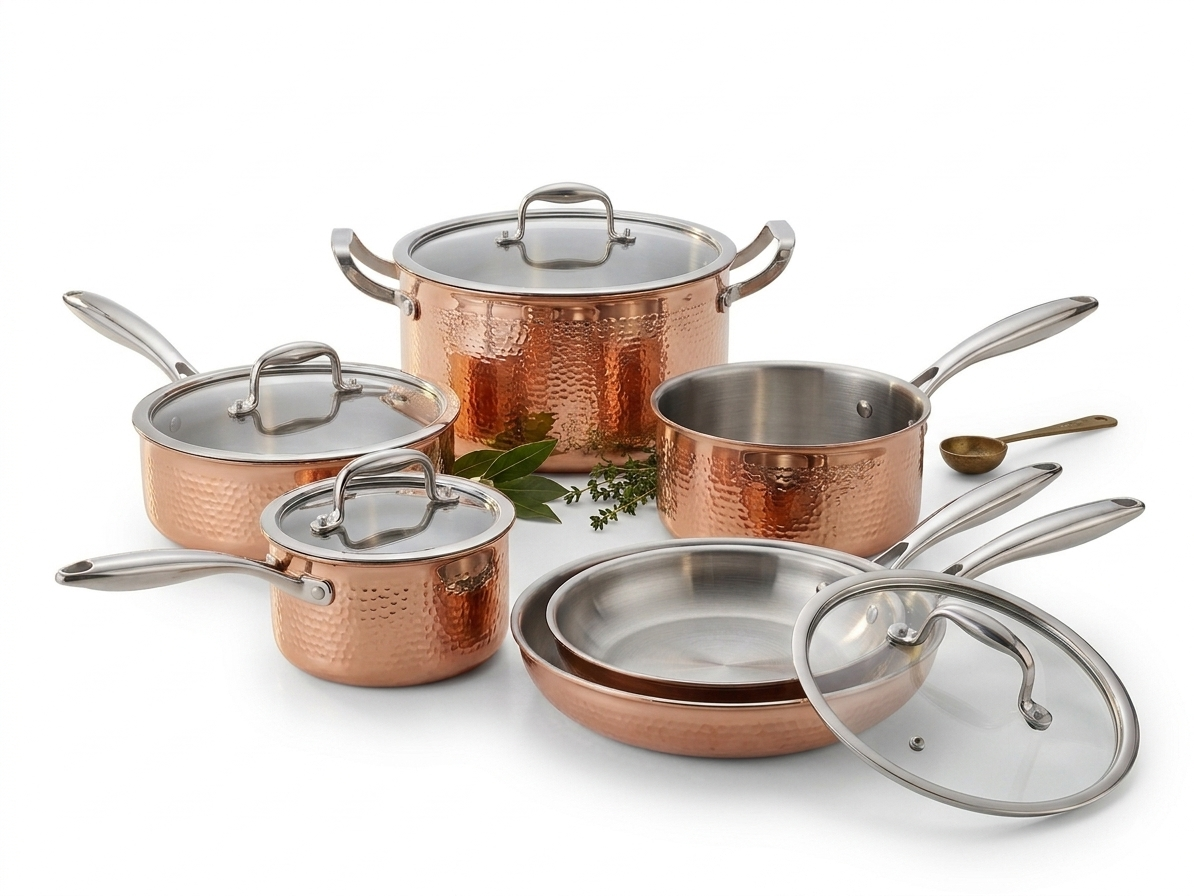 Premium 10-Piece Tri-Ply Stainless Steel Cookware Set – Hammered Copper Exterior