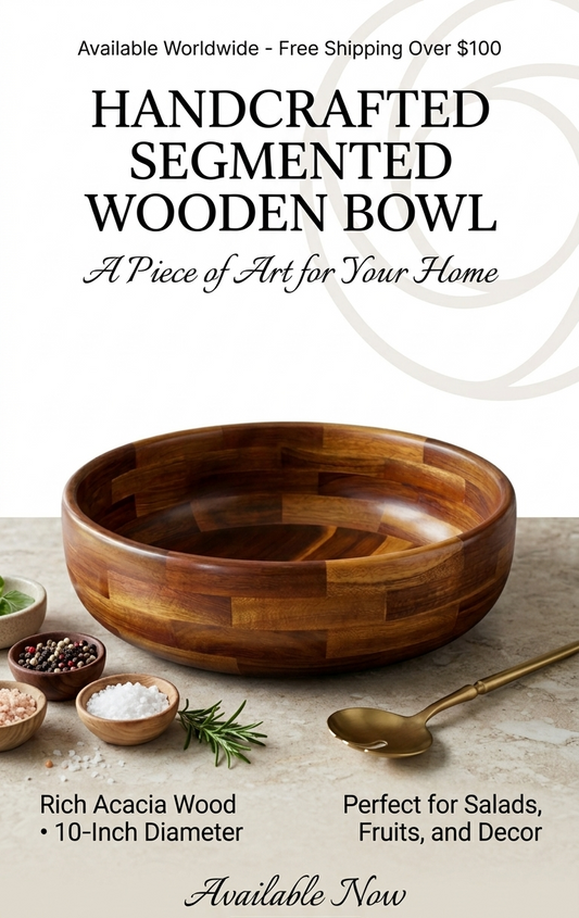 Handcrafted Segmented Wooden Serving Bowl - Acacia Wood (30.5 x 10.3 cm)