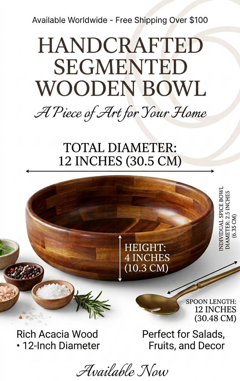 Handcrafted Segmented Wooden Serving Bowl - Acacia Wood (30.5 x 10.3 cm)