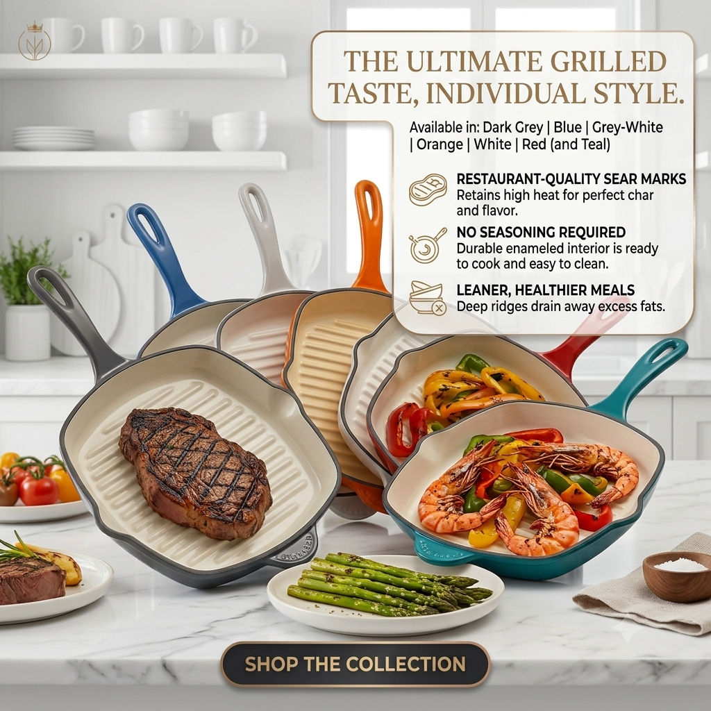 Premium Square Enameled Cast Iron Grill Pan – 11-Inch Heavy Duty Stovetop Griddle