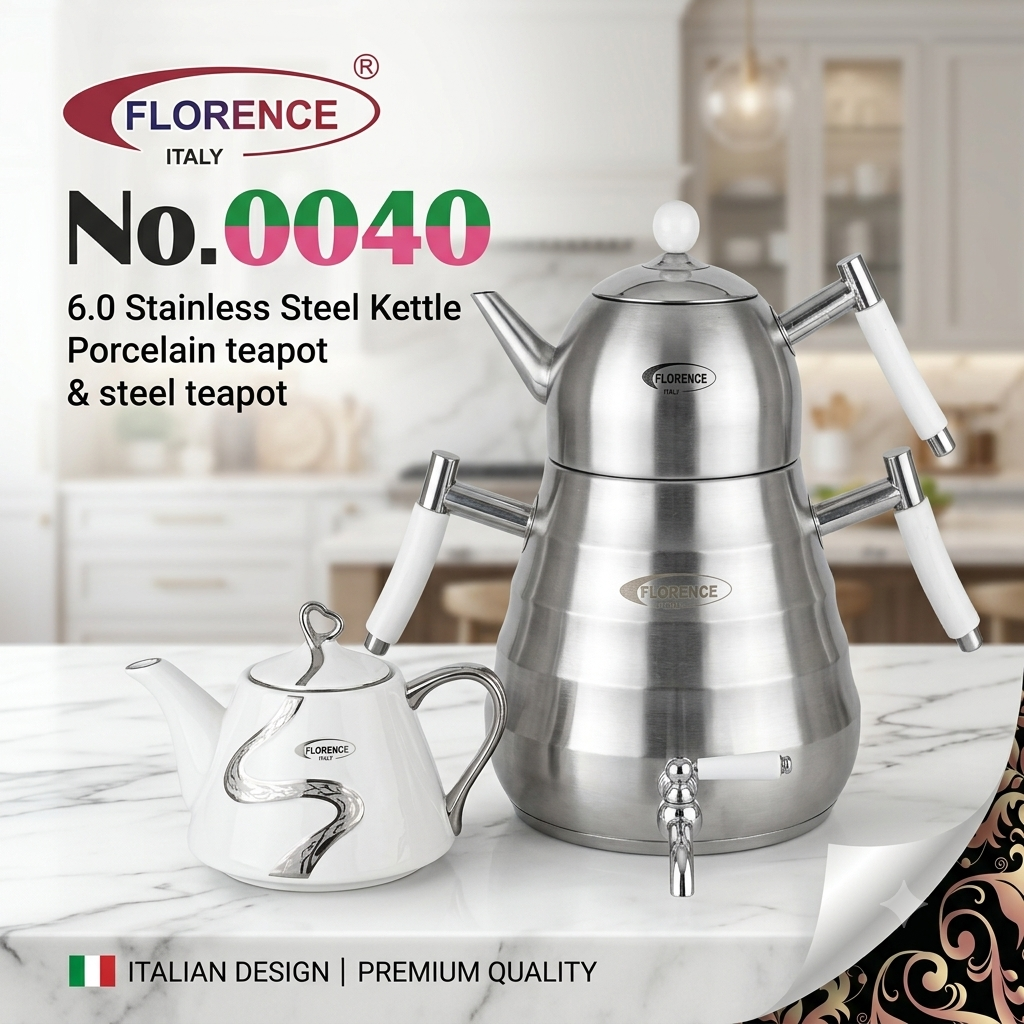 Florence Italy 3-Piece Premium Tea & Coffee Set (6.0L Stainless Steel Kettle, Porcelain Teapot, Steel Teapot) – No. 0040