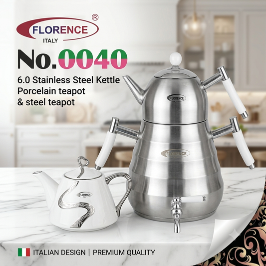 Florence Italy 3-Piece Premium Tea & Coffee Set (6.0L Stainless Steel Kettle, Porcelain Teapot, Steel Teapot) – No. 0040