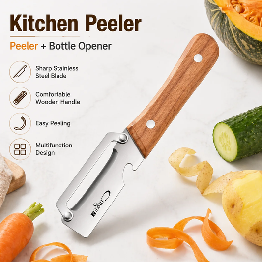 Premium Stainless Steel Multi-Functional Kitchen Peeler – Ergonomic Wooden Handle Vegetable & Fruit Paring Knife with Built-in Bottle Opener
