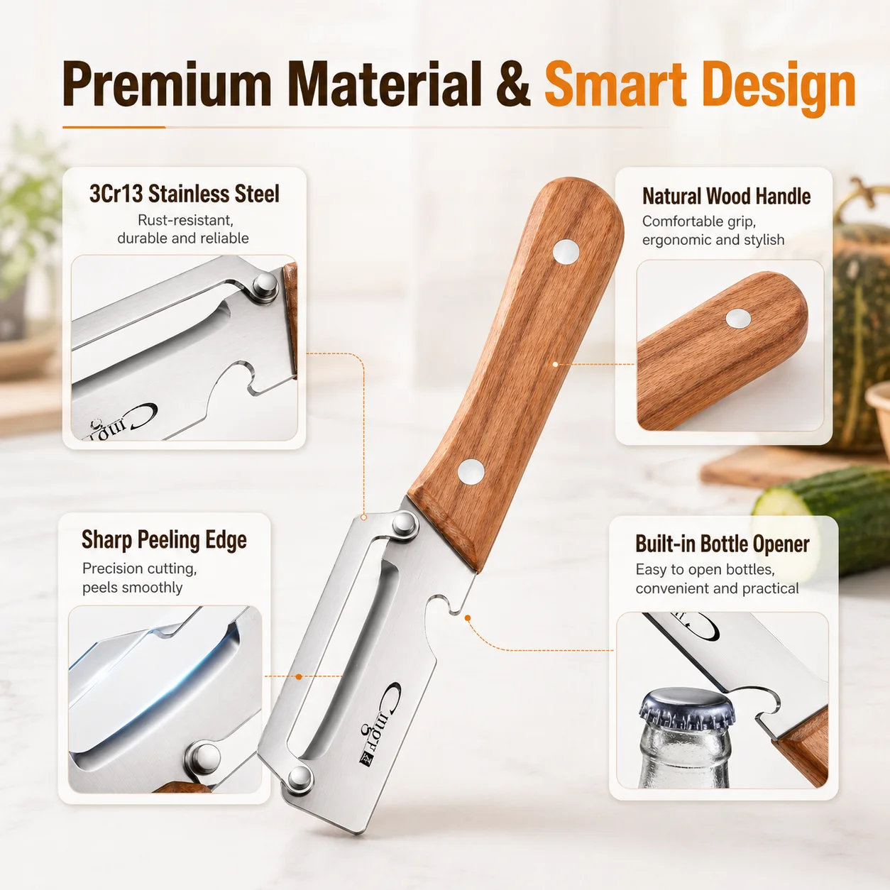 Premium Stainless Steel Multi-Functional Kitchen Peeler – Ergonomic Wooden Handle Vegetable & Fruit Paring Knife with Built-in Bottle Opener