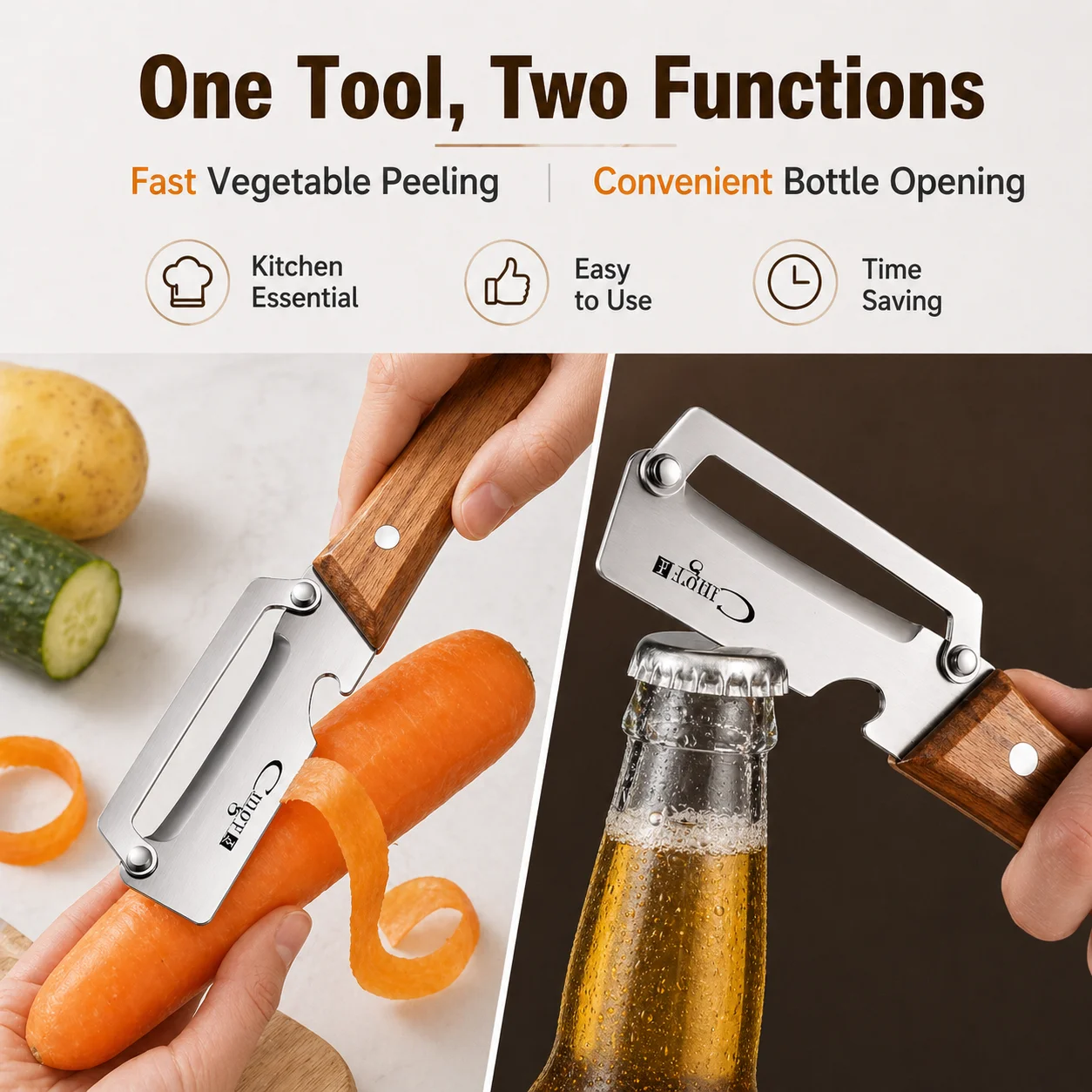 Premium Stainless Steel Multi-Functional Kitchen Peeler – Ergonomic Wooden Handle Vegetable & Fruit Paring Knife with Built-in Bottle Opener