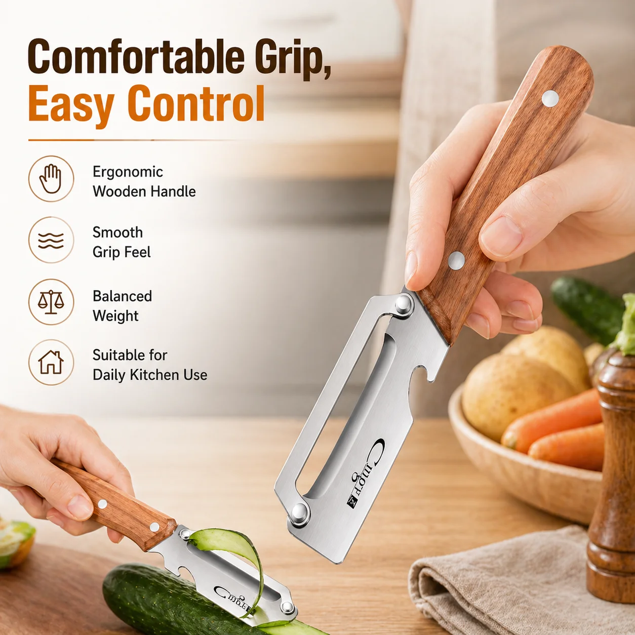 Premium Stainless Steel Multi-Functional Kitchen Peeler – Ergonomic Wooden Handle Vegetable & Fruit Paring Knife with Built-in Bottle Opener