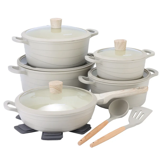 Premium Quality Cookware Set Non-Stick 15 Pieces Cast Aluminum  Grey / Beige / Black