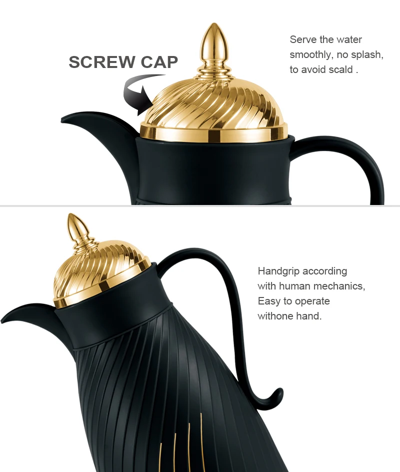 Premium 2-Piece Matte Black & Gold Thermos Flask Set (1.0L & 1.3L) – Insulated Tea & Coffee Carafes