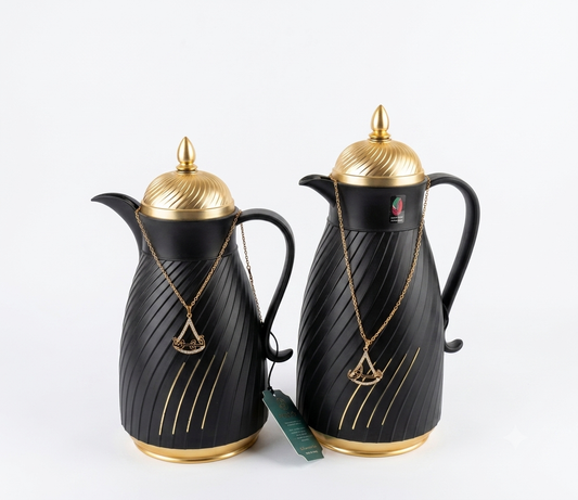 Premium 2-Piece Matte Black & Gold Thermos Flask Set (1.0L & 1.3L) – Insulated Tea & Coffee Carafes