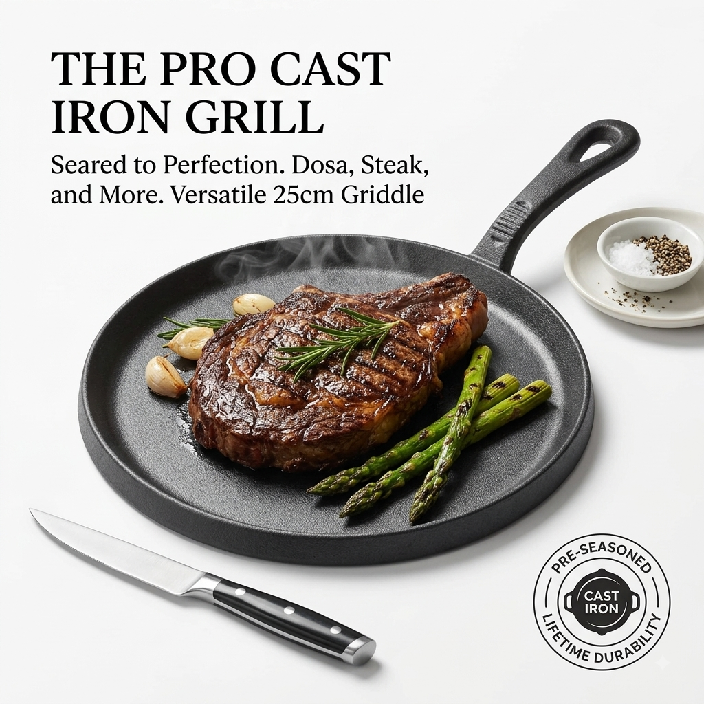 25cm Pre-Seasoned Cast Iron Flat Griddle & Tawa Pan | Anti-Slip Handle
