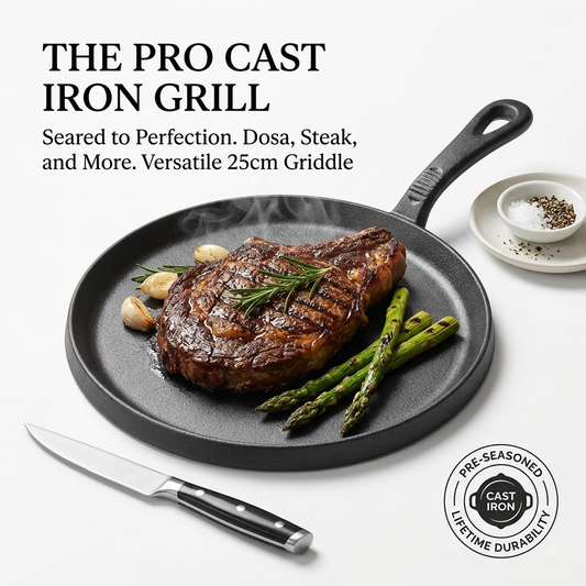 25cm Pre-Seasoned Cast Iron Flat Griddle & Tawa Pan | Anti-Slip Handle