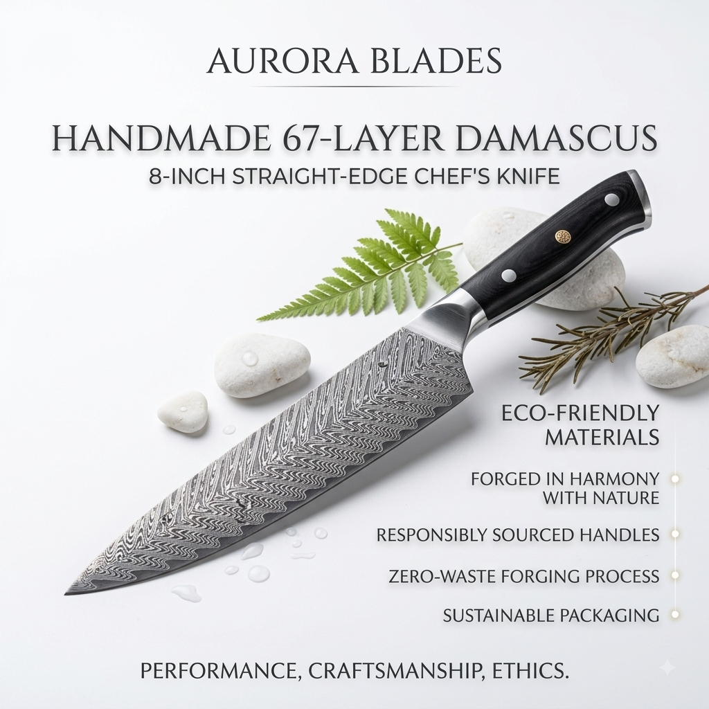 8-Inch Damascus Chef Knife - Handmade 67-Layer Steel Straight Edge Knife, Eco-Friendly Ergonomic Handle