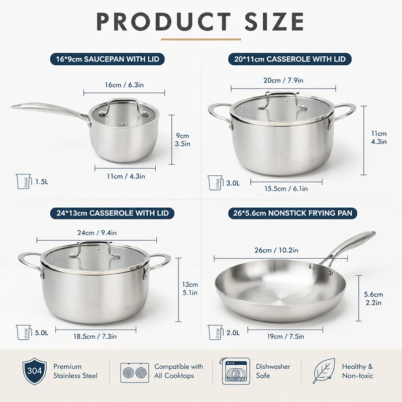 3-Ply Stainless Steel Cooking Set – Multi-Piece Professional Cookware Lebanon [ Last set ]