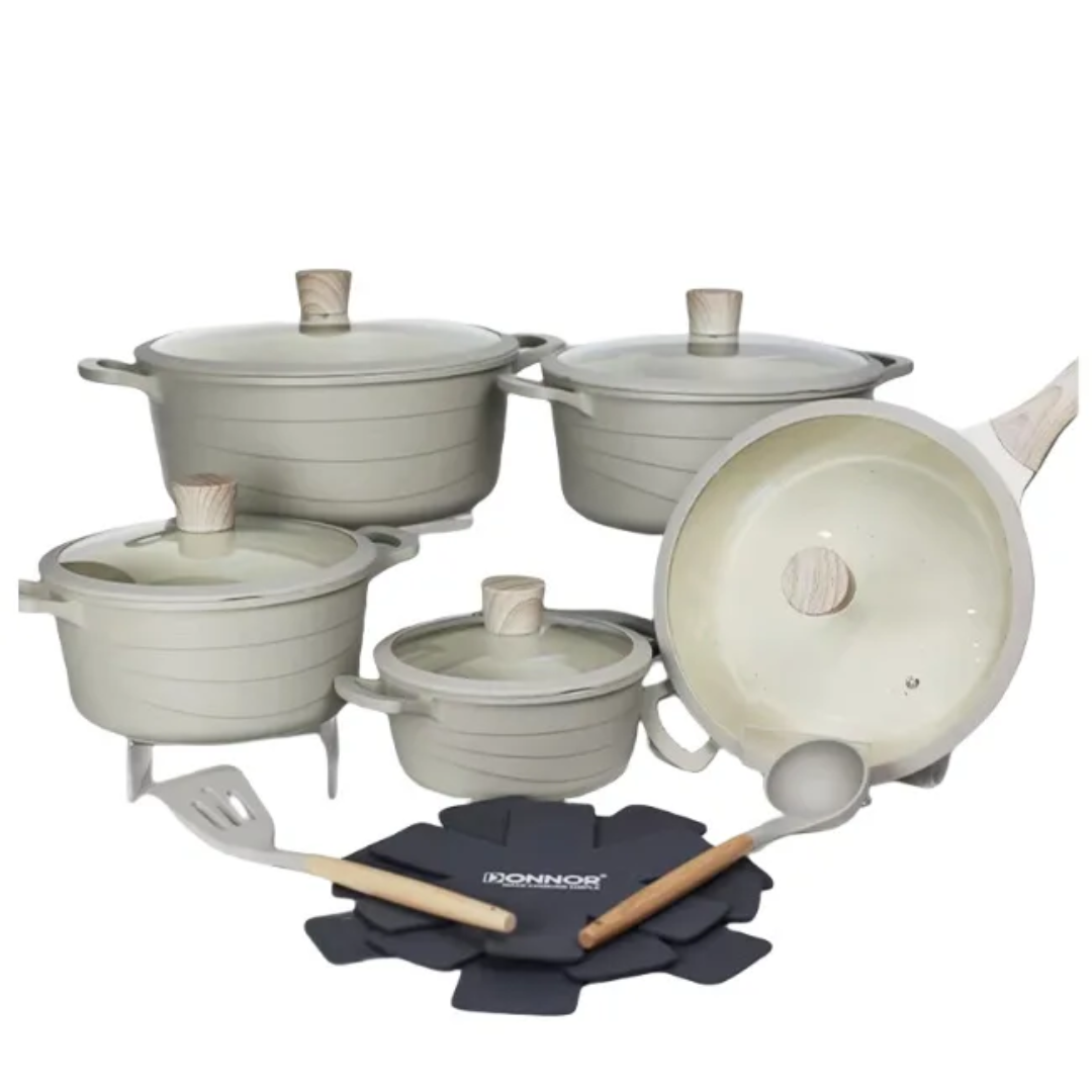 Non-Stick Cookware Set 15-Piece Premium Quality Pots and Pans Collection (Grey / Beige / Black
