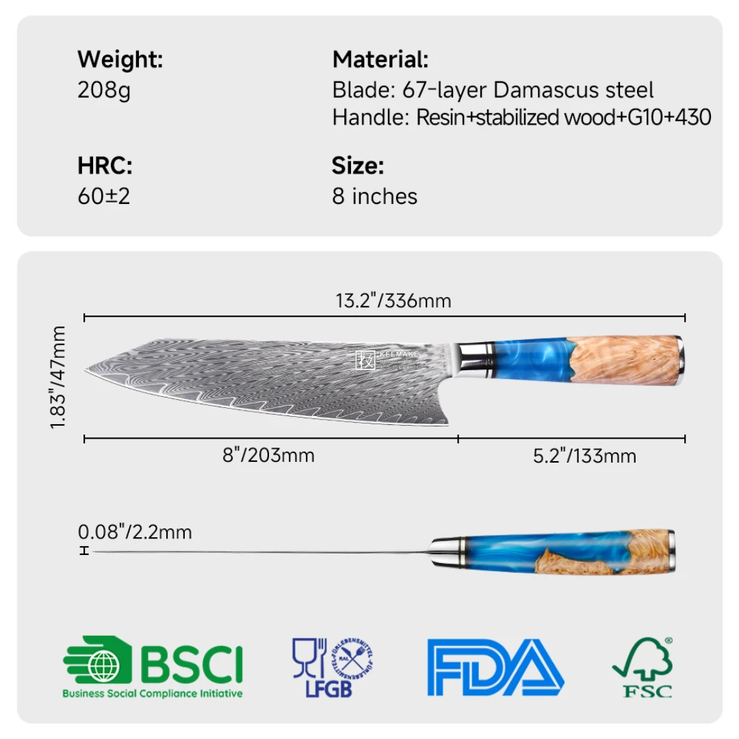 Paudin Atlantis 8-Inch Damascus Chef Knife 67-Layer VG10 Japanese Steel 62 HRC – Premium-quality