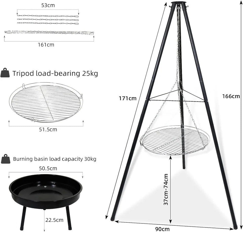Tripod Grill with Hanging Grate & Fire Bowl – Outdoor BBQ Station