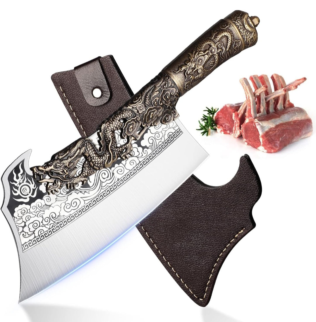 Premium Butcher's Bone Cutting Knife Decorative Dragon copper  Handle,Stainless Steel Blades.