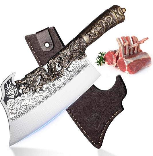 Premium Butcher's Bone Cutting Knife Decorative Dragon copper  Handle,Stainless Steel Blades.