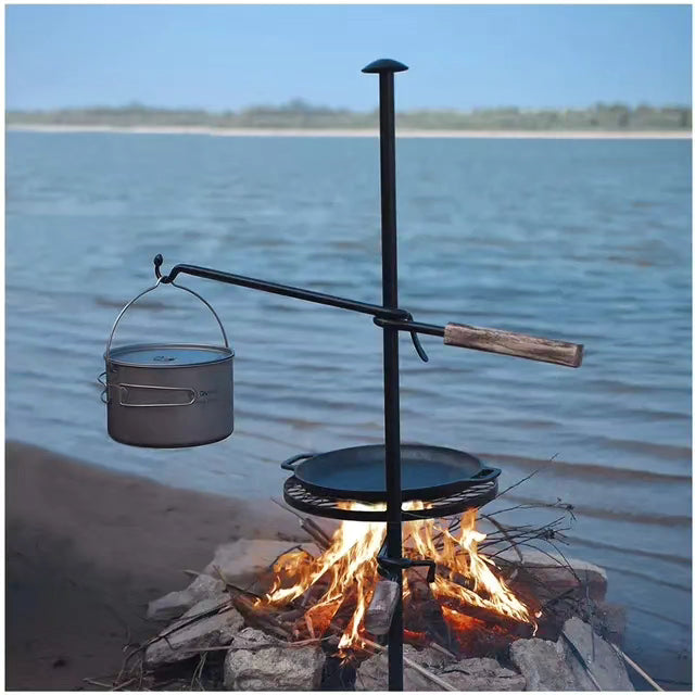 Heavy-Duty Adjustable Campfire Grill System – Swivel Cookware Stand with Pot Hook and Skillet Grate [the pot not included]