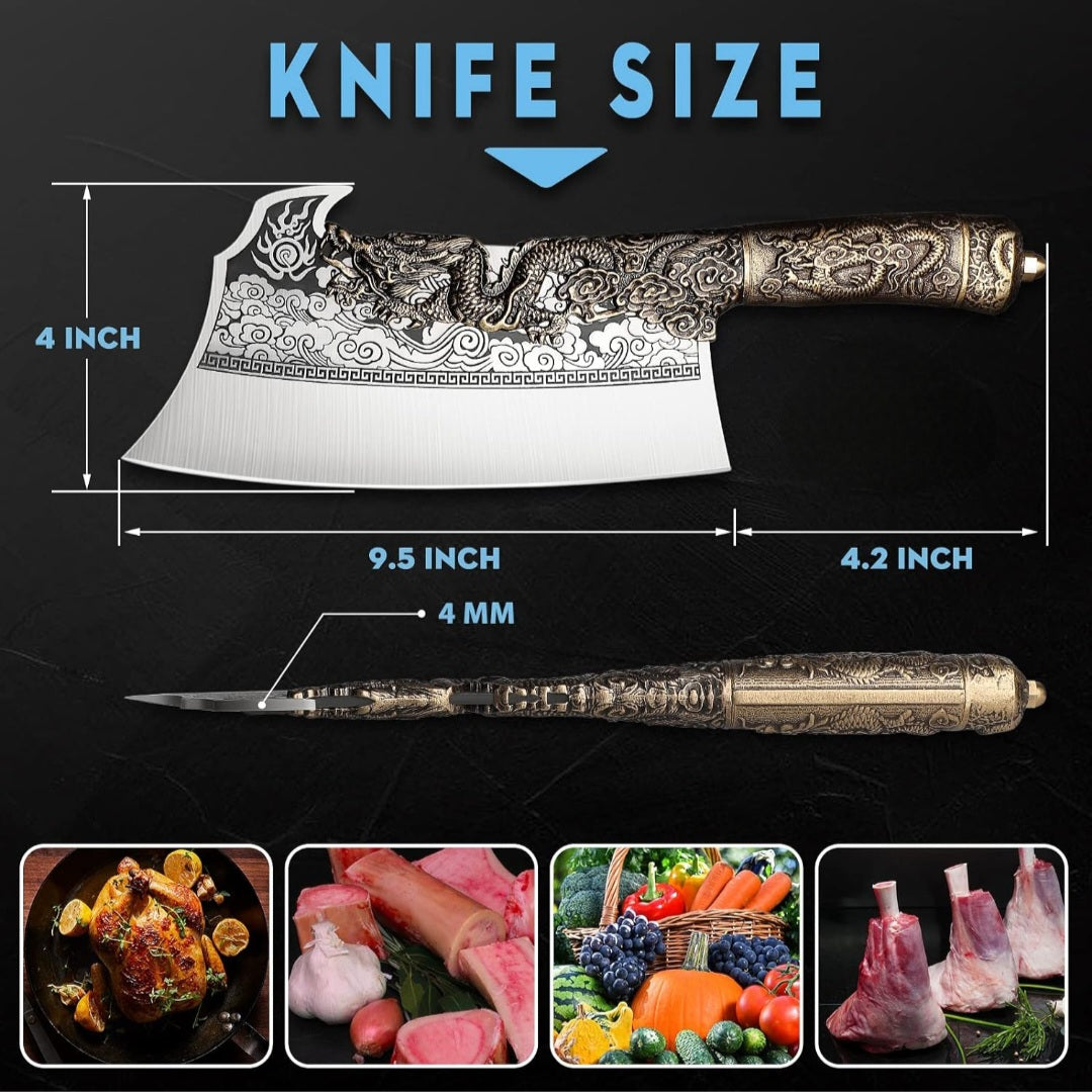 Premium Butcher's Bone Cutting Knife Decorative Dragon copper  Handle,Stainless Steel Blades.