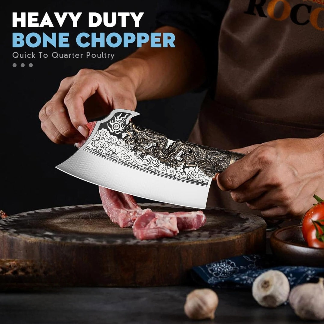 Premium Butcher's Bone Cutting Knife Decorative Dragon copper  Handle,Stainless Steel Blades.