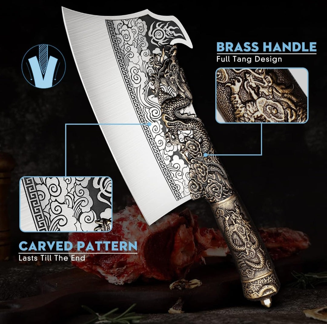 Premium Butcher's Bone Cutting Knife Decorative Dragon copper  Handle,Stainless Steel Blades.