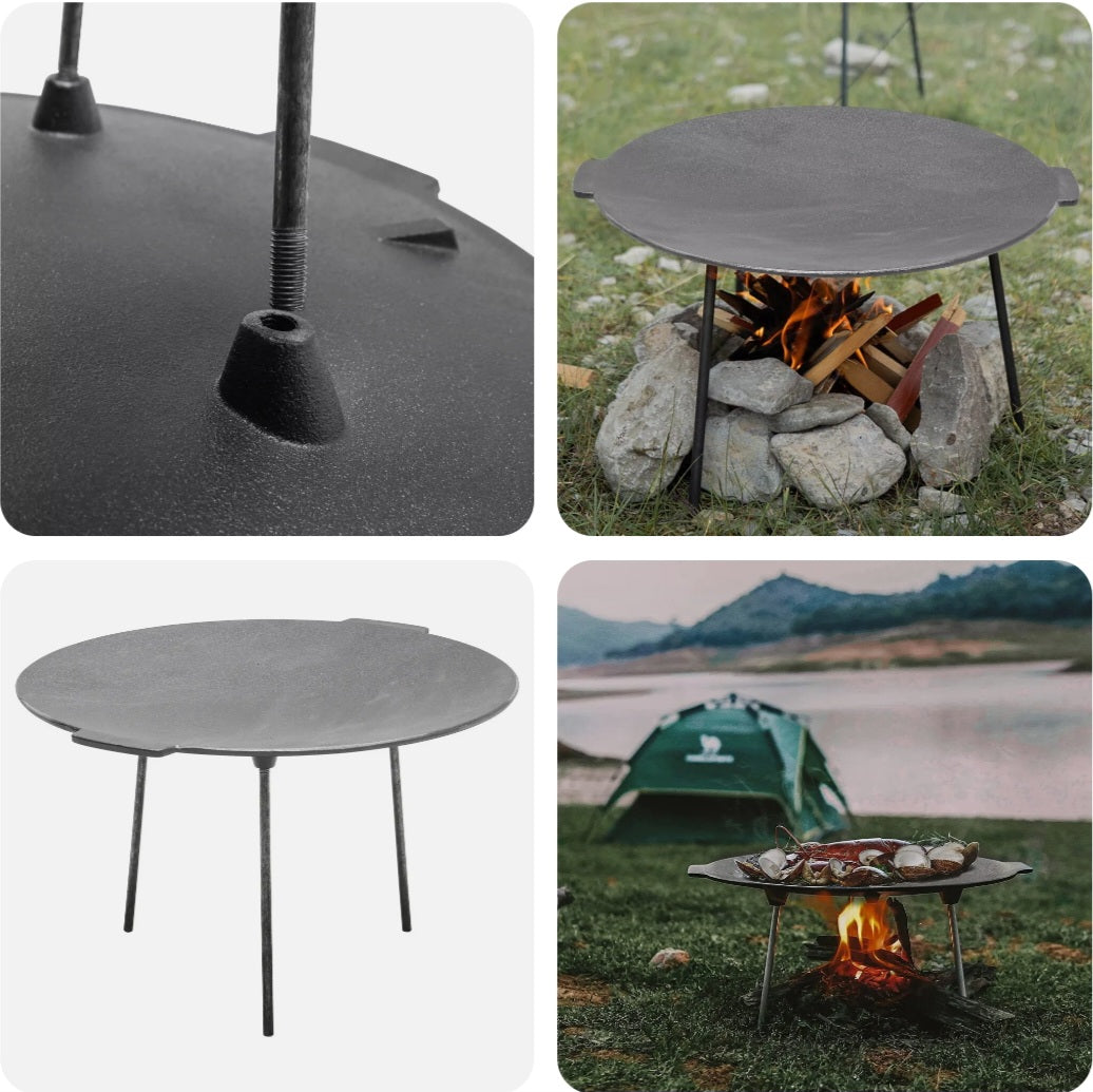 Outdoor Camping Cast Iron Griddle Grill – 3-Legged Hot Plate for BBQ, Steak & More