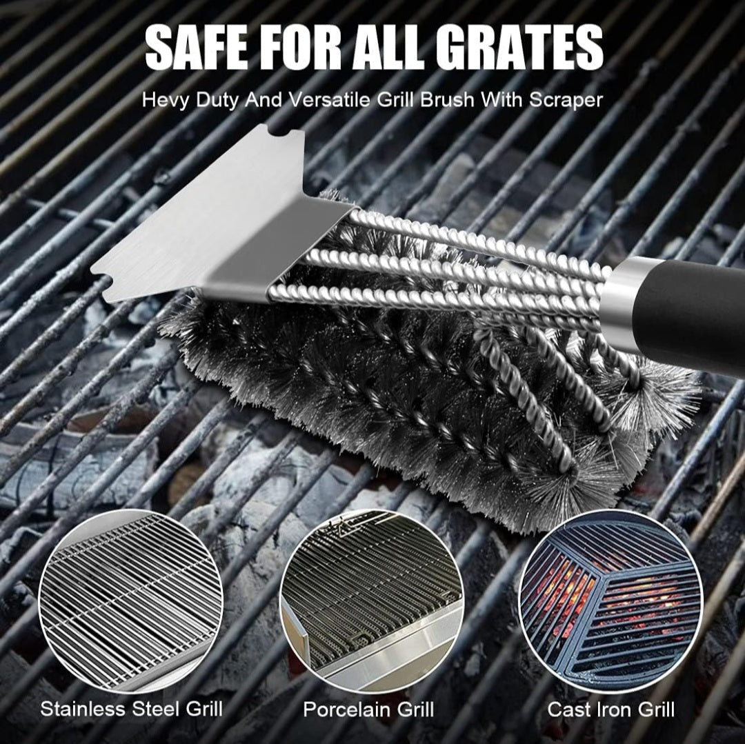 3-in-1 BBQ Grill Brush – 18" Stainless Steel Woven Wire | Heavy-Duty Cleaning Tool